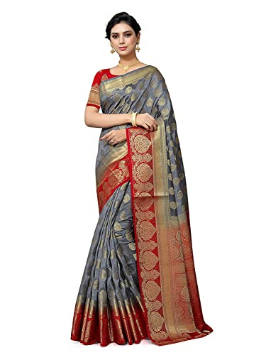 Indian Hawker Damen Banarasi Art Seide Sari Sari Arbeit Jacquard Mode Saree mit ungenähter Bluse Stück, Grau, Large von Indian Hawker