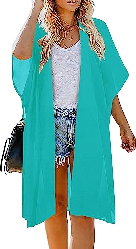 Damen Solide Puffärmel Kimono Lange Strickjacke Lose Cover Up Casual Bluse Top Chiffon, Türkis, Blau, Einheitsgröße Damen Solide Puffärmel Kimono Lange Strickjacke Lose Cover Up Casual Bluse Top Chiffon, Türkis, Blau, Einheitsgröße von Indian Trendy