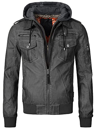 Indicode Herren Aaron Lederjacke mit abnehmbarer Kapuze | Kunstlederjacke Übergangsjacke Raven L von Indicode