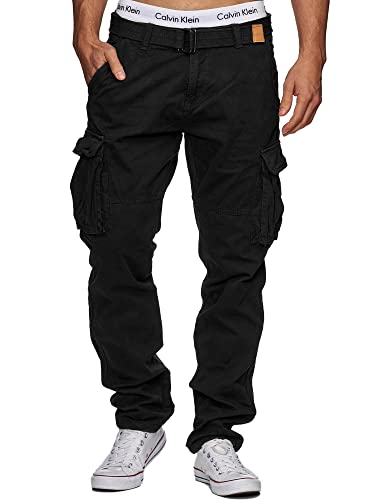 Indicode Herren William Cargohose aus Baumwolle m. 7 Taschen inkl. Gürtel | Lange Regular Fit Cargo Hose Baumwollhose Freizeithose Wanderhose Trekkinghose Outdoorhose für Männer Schwarz L von Indicode