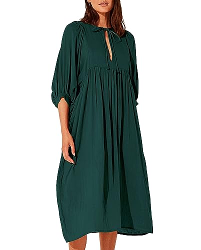 Damen-Sommerkleid, lässig, Puffärmel, Babydoll, halboffener Kragen, locker, knielang, fließendes Strandkleid, Grün , X-Groß von Infeel newz