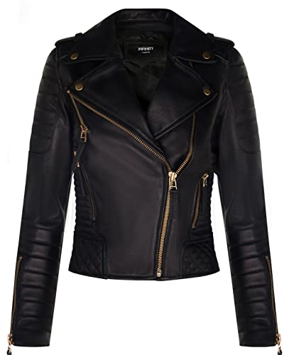 Damen-Leder-Bikerjacke, Gesteppt, Matt, Schwarz, Goldfarbener Reißverschluss, Echte Nappa Gothic Fashion Moto Jacke XS von Infinity Leather