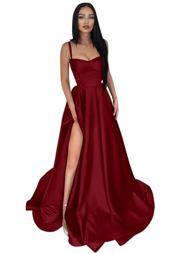 Damen Ballkleid aus Satin mit Spaghettiträgern Lange A-Linie Schlitz PlisseeFormelle Party Abendkleider mit Taschen von Infuness