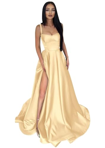 Damen Ballkleid aus Satin mit Spaghettiträgern Lange A-Linie Schlitz PlisseeFormelle Party Abendkleider mit Taschen von Infuness