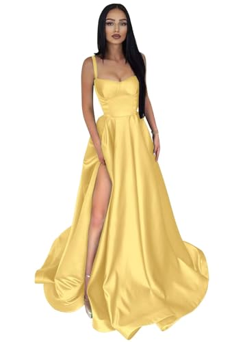 Damen Ballkleid aus Satin mit Spaghettiträgern Lange A-Linie Schlitz PlisseeFormelle Party Abendkleider mit Taschen von Infuness