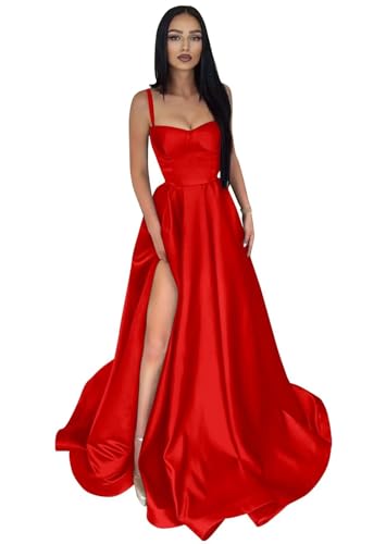 Damen Ballkleid aus Satin mit Spaghettiträgern Lange A-Linie Schlitz PlisseeFormelle Party Abendkleider mit Taschen von Infuness