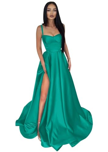 Damen Ballkleid aus Satin mit Spaghettiträgern Lange A-Linie Schlitz PlisseeFormelle Party Abendkleider mit Taschen von Infuness