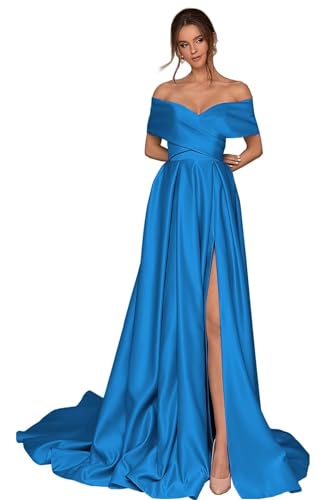 Damen Off Shoulder Satin Ballkleider mit Schlitz Lang A-Linie Korsett Formelle Party Abendkleid mit Taschen von Infuness