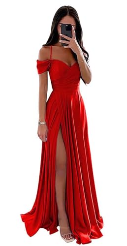 Damen Off Shoulder Satin Brautjungfernkleider Lange Spaghettiträgern Ballkleid A-Linie Formelles Abendkleid mit Schlitz von Infuness