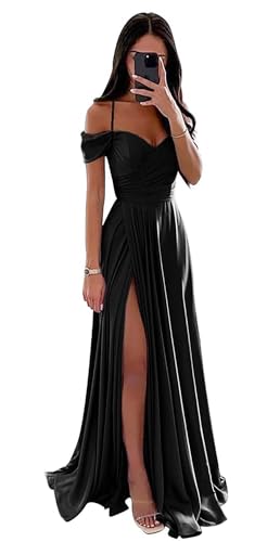 Damen Off Shoulder Satin Brautjungfernkleider Lange Spaghettiträgern Ballkleid A-Linie Formelles Abendkleid mit Schlitz von Infuness