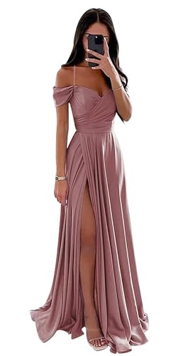 Damen Off Shoulder Satin Brautjungfernkleider Lange Spaghettiträgern Ballkleid A-Linie Formelles Abendkleid mit Schlitz von Infuness