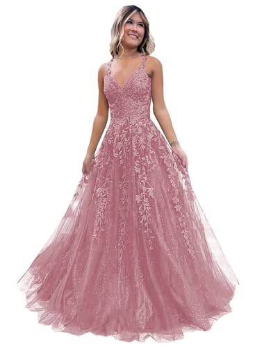 Damen V-Ausschnitt Tüll Abendkleider Applikationen Spitze Lange A Linie Spaghettiträger Ballkleid Quinceanera Kleider für Teens von Infuness