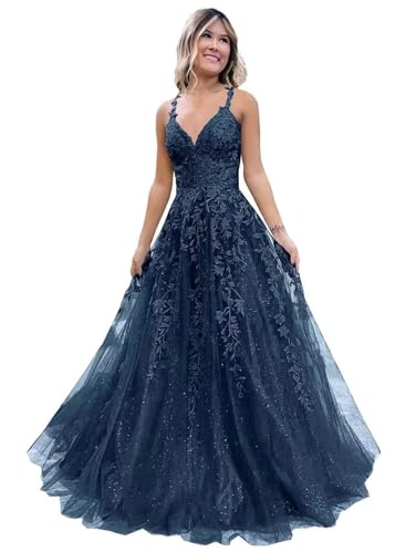 Damen V-Ausschnitt Tüll Abendkleider Applikationen Spitze Lange A Linie Spaghettiträger Ballkleid Quinceanera Kleider für Teens von Infuness