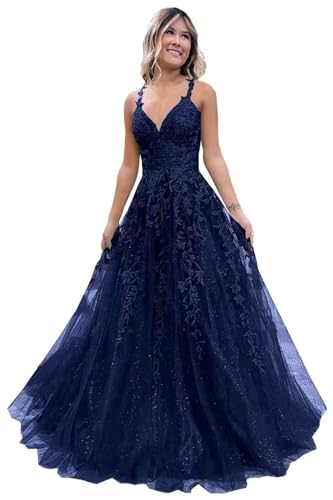 Damen V-Ausschnitt Tüll Abendkleider Applikationen Spitze Lange A Linie Spaghettiträger Ballkleid Quinceanera Kleider für Teens von Infuness