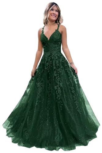 Damen V-Ausschnitt Tüll Abendkleider Applikationen Spitze Lange A Linie Spaghettiträger Ballkleid Quinceanera Kleider für Teens von Infuness