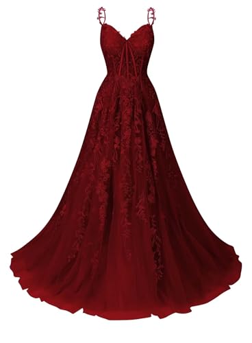 Infuness Ballkleid für Damen mit Tüll-Spitzenapplikation Brautkleid mit Spaghettiträgern und V-Ausschnitt Langes Ballkleid von Infuness