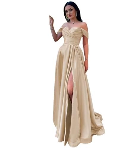 Infuness Damen Satin Schulterfreie Ballkleider Lang gerüschtes Brautjungfernkleid Schlitz Meerjungfrau Hochzeit Partei Kleid von Infuness