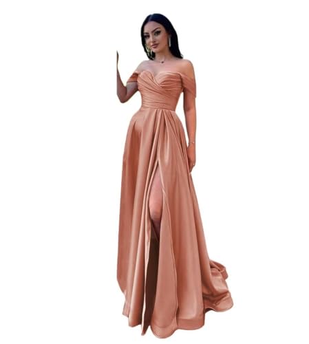 Infuness Damen Satin Schulterfreie Ballkleider Lang gerüschtes Brautjungfernkleid Schlitz Meerjungfrau Hochzeit Partei Kleid von Infuness