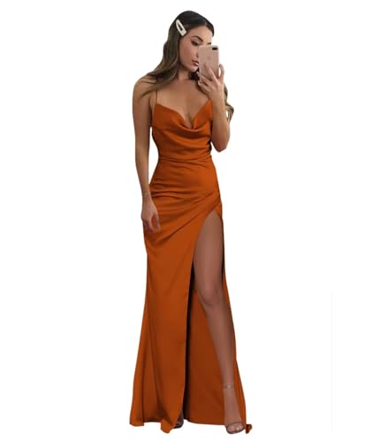 Infuness Damen V-Ausschnitt Satin Brautjungfer Kleider Lange Spaghettiträger Meerjungfrau Abendkleid hohem Schlitz Kleid von Infuness