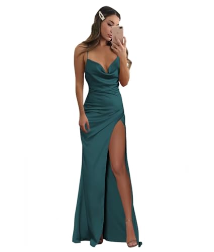 Infuness Damen V-Ausschnitt Satin Brautjungfer Kleider Lange Spaghettiträger Meerjungfrau Abendkleid hohem Schlitz Kleid von Infuness