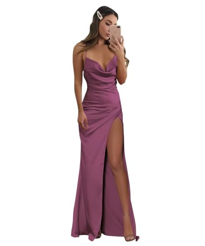 Infuness Damen V-Ausschnitt Satin Brautjungfer Kleider Lange Spaghettiträger Meerjungfrau Abendkleid hohem Schlitz Kleid von Infuness