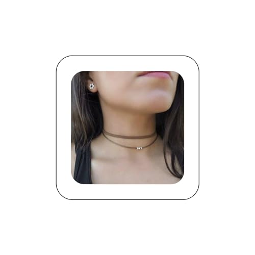 Inilbran Boho Layered Velvet Choker Necklace Braune Lederschnur Choker Necklace Gothic Velvet Ribbon Necklace Gothic Sihort Velvet Suede Necklace Kettenschmuck Für Frauen Und Mädchen von Inilbran