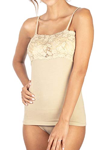 Intimo 2D Damen-Unterhemd aus Spitze und dünner Schulterriemen aus Baumwolle, Modal, Beige, Medium von Intimo 2D