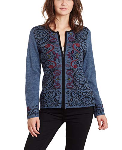 Invisible World Damen 100% Baby Alpaka Strickjacke – Rundhals Cardigan Wendejacke mit Reißverschluss, Bestickt mit Stickerei Arabesque – Denim S von Invisible World