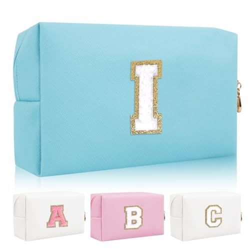 Personalisierte Initiale Brief Patch Make-up Tasche, Adrette Chenille Brief Kosmetiktasche mit Reißverschluss, Blau/Weiß-Buchstabe, I, modisch von Iqimott