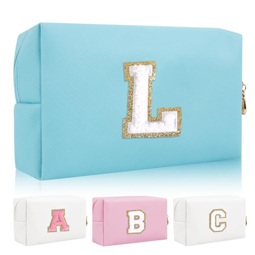 Iqimott Personalisierte Initiale Brief Patch Make-up Tasche, Adrette Chenille Brief Kosmetiktasche mit Reißverschluss, Blau/Weiß-Buchstabe, L, modisch von Iqimott