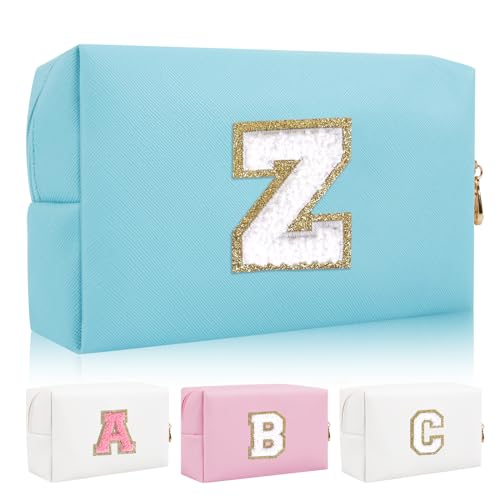 Personalisierte Initiale Brief Patch Make-up Tasche, Adrette Chenille Brief Kosmetiktasche mit Reißverschluss, Blau/Weiß-Buchstabe, Z, modisch von Iqimott