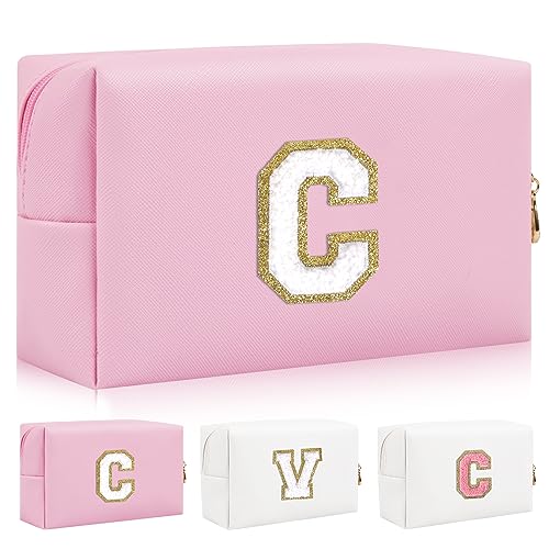 Personalisierte Initiale Brief Patch Make-up Tasche, Adrette Chenille Brief Kosmetiktasche mit Reißverschluss, Rosa/Weiß-Buchstabe, C von Iqimott