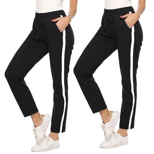 Irdcomps Damen Jogginghose Baumwolle Trainingshose Lang Sporthose Jogger Sweatpant Laufhose Freizeithose High Waist Weites Bein mit Streifen für Laufen Sport Schwarz M von Irdcomps