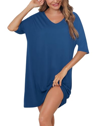 Irdcomps Schlafshirts Baumwolle Damen Nachthemd Große Größen Sleepshirt Modal 3/4 Ärmel Hauskleid Sommer Blau M von Irdcomps