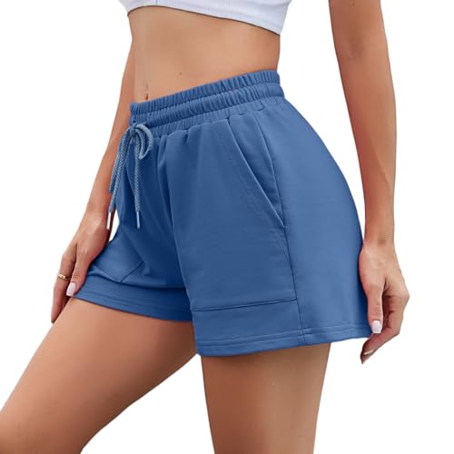 Irdcomps Damen Shorts Kurze Hose Sportshorts Jogginghose Baumwolle Sporthose Basketball Shorts High Waist Leicht Freizeit Fitness Shorts mit Taschen Sommer Casual Gym Blau XXL von Irdcomps