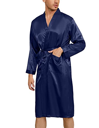 Irdcomps Herren Morgenmantel Satin Kimono Robe Lang Bademantel Leicht Seide Nachtwäsche Pyjama für Männer mit Gürtel Blau M von Irdcomps