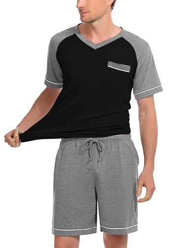 Irdcomps Herren Pyjama Kurz Baumwolle Schlafanzug Pyjamas Set Shorty Männer Hausanzug Kurzarm Zweiteilige Nachtwäsche Schlafanzüge Sommer Schwarz L von Irdcomps