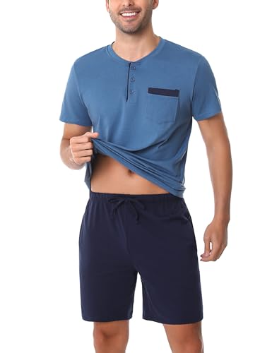 Irdcomps Herren Pyjama Kurz Baumwolle Schlafanzug Sommer Nachtwäsche Shorty Freizeitanzug Kurzarm Knopfleister Oberteil Pyjamahose mit Taschen Blau L von Irdcomps