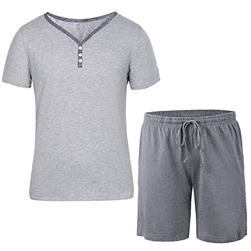 Irdcomps Herren Pyjama Sommer Schlafanzug Kurz Baumwolle Kurzarm Männer Shorty Nachtwäsche zum Knöpfen Schlafshirts Schlafshorts Loungewear für Sommer Dunkelgrau M von Irdcomps