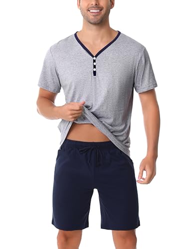 Irdcomps Herren Pyjamas Kurzarm Schlafanzug Kurz Baumwolle Kurzarm Männer Shorty Nachtwäsche zum Knöpfen Schlafshirts Schlafshorts Loungewear für Sommer Navyblau XL von Irdcomps