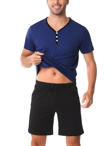 Irdcomps Herren Pyjamas Kurzarm Schlafanzug Kurz Baumwolle Kurzarm Männer Shorty Nachtwäsche zum Knöpfen Schlafshirts Schlafshorts Loungewear für Sommer Schwarzblau M von Irdcomps