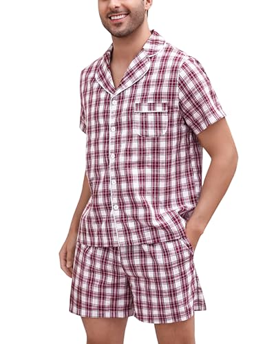 Irdcomps Pyjamas Herren Kurz Schlafanzug Sommer Baumwolle Kurzarm Männer Shorty Kurzarm Schlafanzüge Knopfleister Weinrot L von Irdcomps