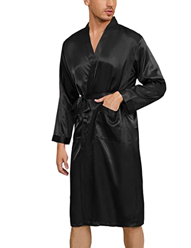 Irdcomps Herren Robe Satin Kimono Morgenmantel Lang Bademantel Leicht Seide Nachtwäsche Pyjama für Männer mit Gürtel Schwarz L von Irdcomps