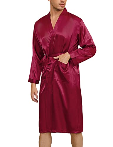 Irdcomps Herren Satin Bademantel Kimono Robe Lang Morgenmantel Leicht Seide Männer Nachtwäsche Pyjama V-Ausschnitt mit Gürtel Rot L von Irdcomps