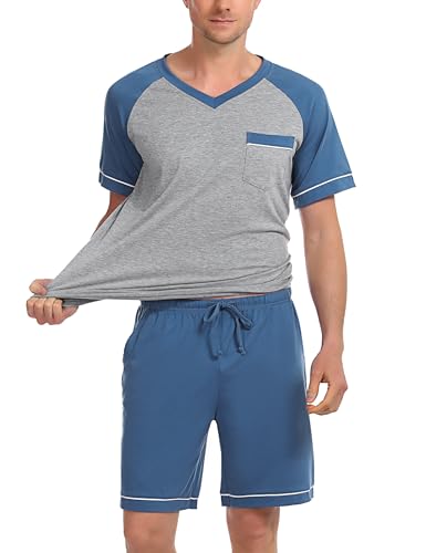 Irdcomps Pyjama Herren Schlafanzug Kurz Sommer Baumwolle Shorty Set Männer Kurzarm Nachtwäsche mit Shorts Blau M von Irdcomps