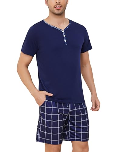 Irdcomps Herren Schlafanzug Kurz Pyjama Shorty Baumwolle Karierter Nachtwäsche Pyjama Set Männer Hausanzug mit Schlafhose Kurzarm Loungewear Sommer Navyblau XXL von Irdcomps