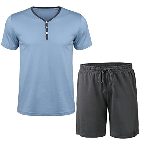 Irdcomps Herren Schlafanzug Kurz Sommer Pyjama Baumwolle Kurzarm Männer Shorty Nachtwäsche zum Knöpfen Schlafshirts Schlafshorts Loungewear für Sommer Hellblau M von Irdcomps