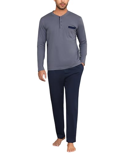 Irdcomps Langer Schlafanzug Herren Warm Pyjama Sets Winter Baumwolle Männer Pyjamas Langarm Seitentaschen Zweiteilige Schlafanzüge mit Bündchen Blaugrau XL von Irdcomps