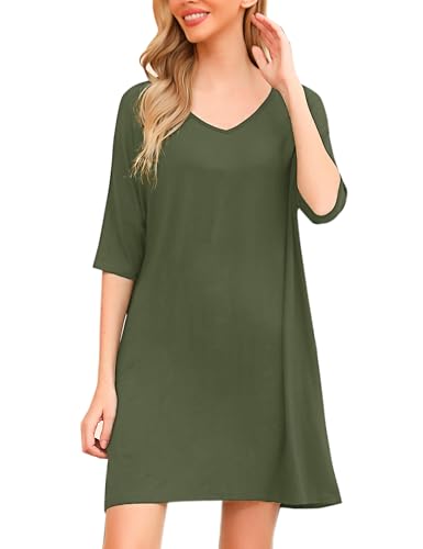 Irdcomps Nachthemd Damen Kurz Schlafshirt Oversize Baumwolle Große Größen Bigshirts zum Schlafen Sleepshirt Sexy 3/4 Ärmel Grün L von Irdcomps