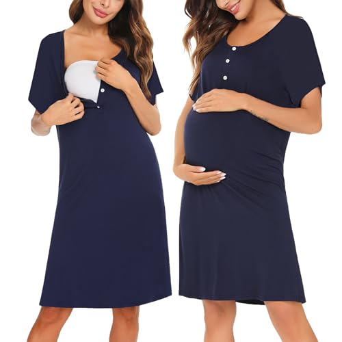Irdcomps Nachthemd Damen Stillen Stillnachthemd Kurzarm mit Knopfleiste Baumwolle Umstandsnachthemd Stillshirt Geburtskleid für Schwangere von Irdcomps